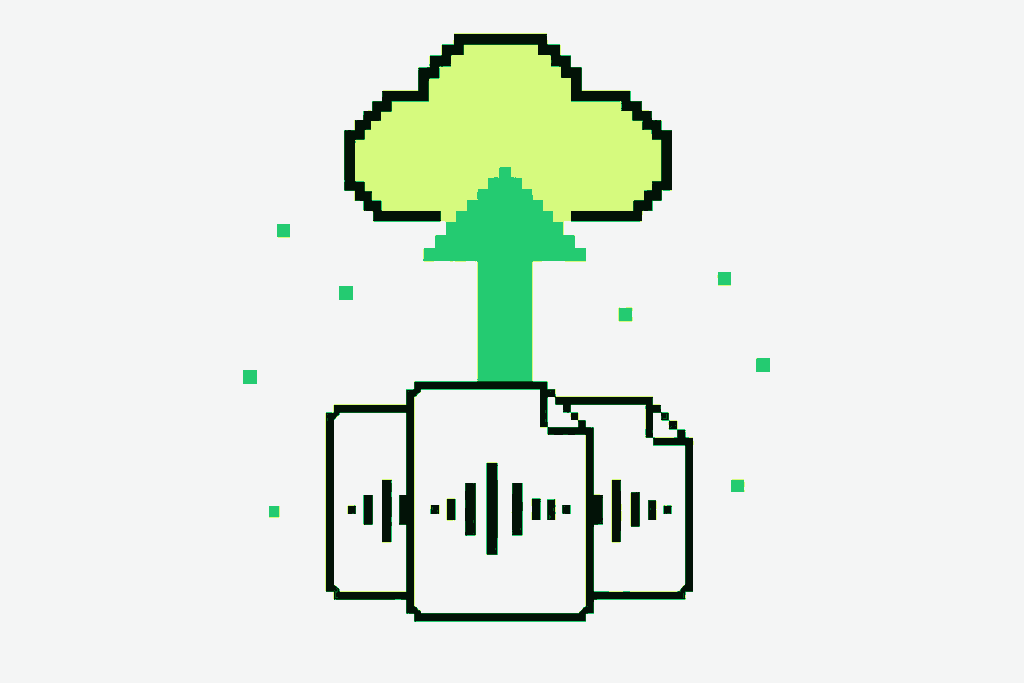 Pixel illustration of audio files uploading to a cloud