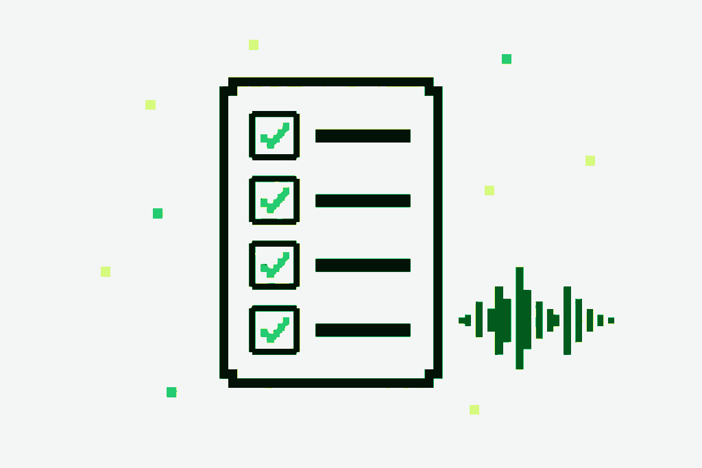 Pixel illustration of a checklist beside an audio waveform