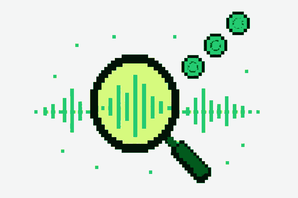 Pixel illustration of a magnifying glass over a waveform with coins